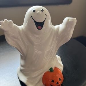 Vintage Russ Berrie Ceramic Halloween Ghost w/ Pumpkin Bank and Candle Holder 6”